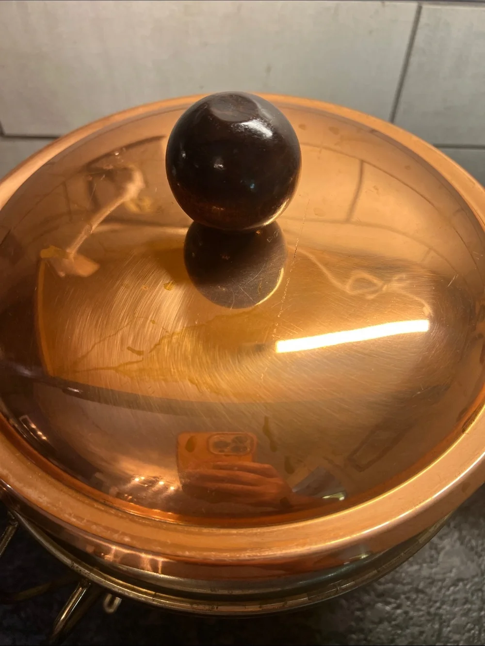 Large copper wood handled fondue pot on stand. Parties, get togethers.